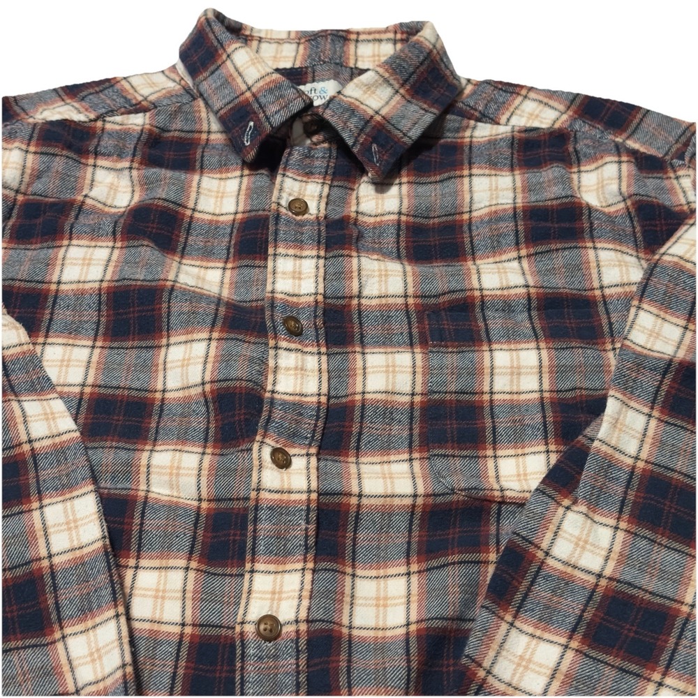 Croft & Barrow Shirt Mens Large‎ Navy Rust Tan Plaid Flannel Long Sleeve Button